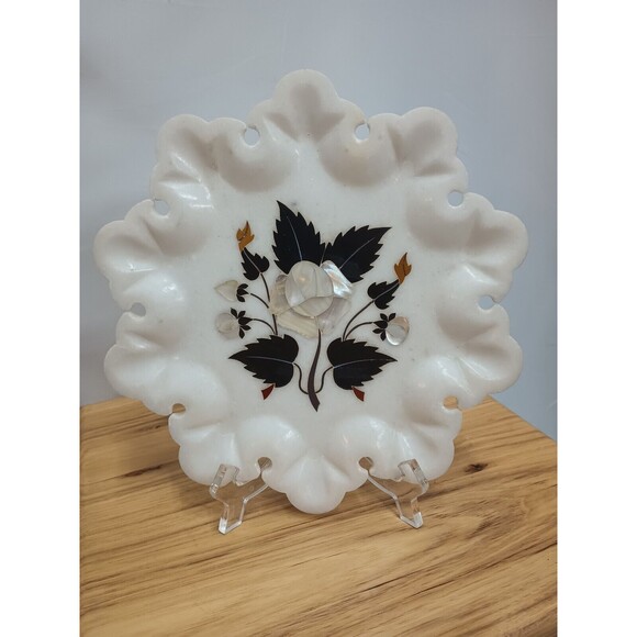Vintage Marble Inlaid Plate Decorative Edge Mother Of Pearl Floral - Picture 1 of 4